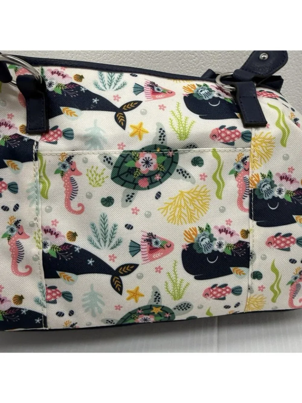 Lily Bloom Maggie Satchel OS Navy Multicolor Ocean Turtles Whales NWT Eco Purse
